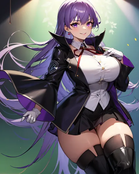  Isoscale, Mid Shot,  night, ,,, Purple Hair, Black jacket, White shirt, Black Skirt, Red ribbon, Big Breasts, Purple eyes, White gloves, Long Hair, Large collar, Wicked Smile,,Thigh-high boots,(Wicked Smile:1.3),Highly detailed CG Unity 8K wallpapers, Per...