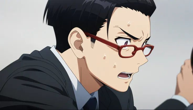 (masterpiece:1.3), (best quality:1.3), (very detailed), anime style:0.1, game cg, anime coloring,((simple background)),1boy,male,suit,Shortcuts,crew cut，Black Hair,Red-rimmed glasses,30 years old,nervous,side view,on side