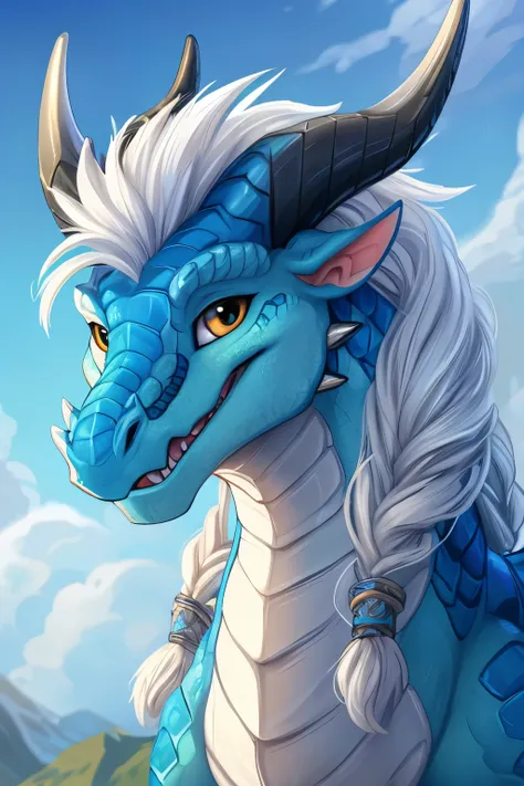 by inno-soja, by mike holmes, male, solo, ((feral)), dragon, ((quadruped)), detailed white scales, Icewing dragon from wings of fire, looking at viewer, horns, cyan blue horns, smiling, friendly, cute, ((bulky white hair)), ((viking braids)).