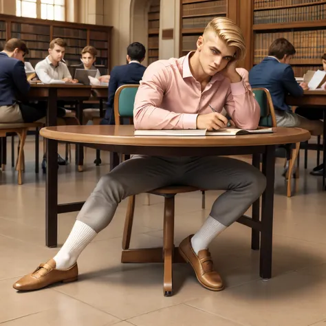 full body view, a young blonde handsome white french guy with undercut preppy haircut, brown eyes, strong pointed nose, wearing ...