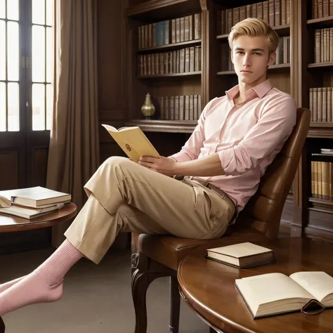 full body view, a young blonde handsome white french guy with undercut preppy haircut, brown eyes, strong pointed nose, wearing light-pink shirt, beige chino preppy pants, in light-pink socks, no shoes, golden signet ring, studying at the library of french...