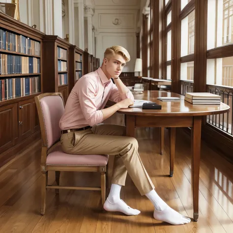 full body view, a young blonde handsome white french guy with undercut preppy haircut, brown eyes, strong pointed nose, wearing light-pink shirt, beige chino preppy pants, in light-pink socks, no shoes, golden signet ring, studying at the library of french...