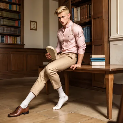 full body view, a young blonde handsome white french guy with undercut preppy haircut, brown eyes, strong pointed nose, wearing light-pink shirt, beige chino preppy pants, in light-pink socks, no shoes, golden signet ring, studying at the library of french...