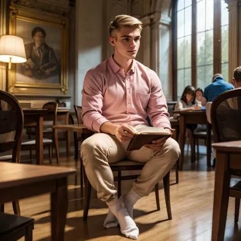 full body view, a young blonde handsome white french guy with undercut preppy haircut, brown eyes, strong pointed nose, wearing ...