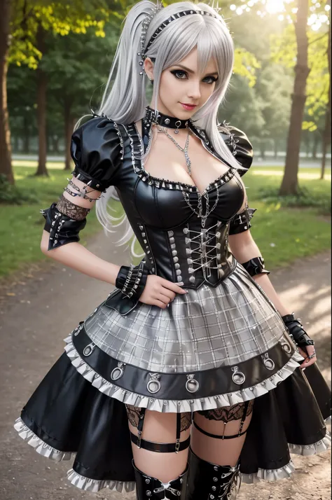 sexy stylish German model, only 1 female, long multicolor stylish hair, ((shiny Punk-Style boots)), smile, professional makeup, glossy lip-gloss, ((sexy Punk Lolita cosplay)), unconventional skirt, petticoats, high neckline, ((ultra detailed lace)), ((ultr...