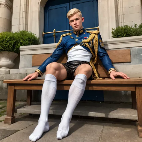 full view full body, one elite military school white blonde guy with military haircut, in navy-blue and gold leather uniform, navy-blue and gold leather shorts, long high white socks, shoes off, ancient gold signet ring, slim muscle, sitting in his long wh...