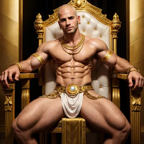 full view full body, white skinned King Xerxes, looking young and hansome, with no hair, no beard, no moustache, He is totally waxed, without a single hair, over-muscular with his over-inflated and over-bloated shoulders,legs, pecs, biceps and abs, is cove...