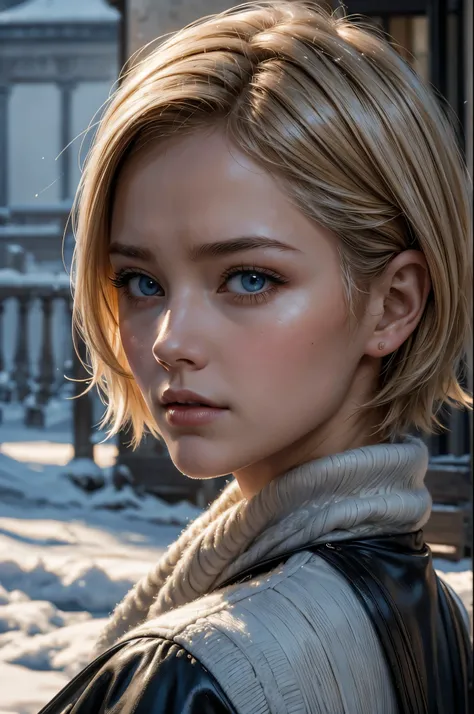 (oil painting, masterpiece, best quality, ultra detailed, focus on character), short blonde hair, ([back:0.8]|[ face facing backwards:1.1]), serious face, ([cold scenario:1.2]|[ snowy background:1.3]| [high contrast:1.1])  