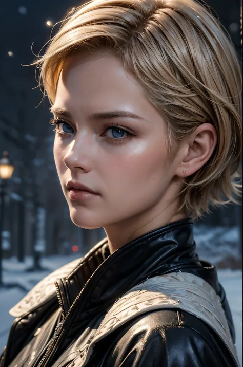 (oil painting, masterpiece, best quality, ultra detailed, focus on character), short blonde hair, ([back:0.8]|[ face facing backwards:1.1]), serious face, ([cold scenario:1.2]|[ snowy background:1.3]| [high contrast:1.1])  