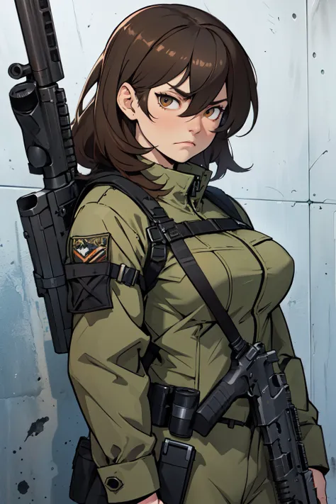 brown hair hazel eyes solo muscular girl toned body perky breasts empty eyes frown thick pale skin ((shooting range weapon gun firearm tactical gear shooting range weapon gun firearm tactical gear shooting range weapon gun firearm tactical gear))