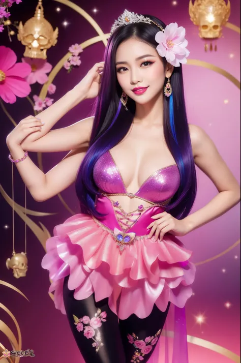 sexy Thai model who controls poison、beautiful smile、lip-gloss、bold lipstick、intense makeup、look at the camera、full body Esbian、、sparkling poisoned flower costume、、、、sparkling Colorful hair、secrete poison、skull hair accessories、sexy tights、shiny sparkling f...