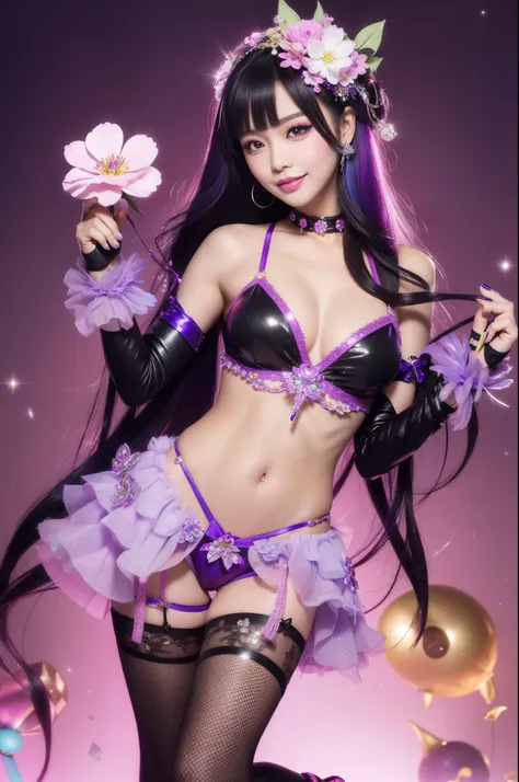 sexy Thai model who controls poison、beautiful smile、lipgloss、smokey eyeshadow、look at the camera、full body Esbian、、sparkling poisoned flower costume、、、、sparkling Colorful hair、secrete poison、skull hair accessories、fishnet tights、shiny sparkling flowers bac...