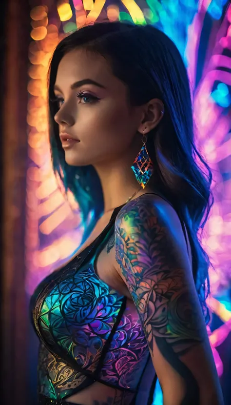 A beautiful girl, 23 years old, iridescent tattoo, complex geometry, colorful blur, evening dress, facing the camera, abstract backgrounds of a night club party rave, shadows and highlights, subtle reflections, charming body, black light art, art fluoresce...