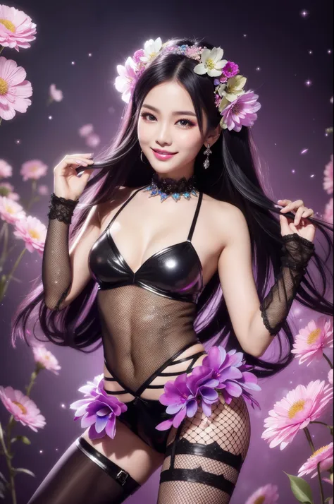 sexy Thai model who controls poison、beautiful smile、lipgloss、smokey eyeshadow、look at the camera、full body Esbian、、sparkling poisoned flower costume、、、、sparkling Colorful hair、secrete poison、skull hair accessories、fishnet tights、shiny sparkling flowers bac...