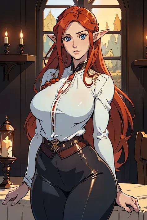 cute farmgirl with braids. ((red haired woman, milf woman, long hair, pointy ears, elf ear)), perfectly round face. beautiful cu...