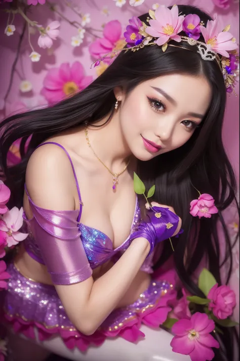 sexy Thai model who controls poison、beautiful smile、lipgloss、bold lipstick、intense makeup、look at the camera、full body Esbian、、sparkling poisoned flower costume、、、、sparkling Colorful hair、secrete poison、skull hair accessories、sexy tights、shiny sparkling fl...