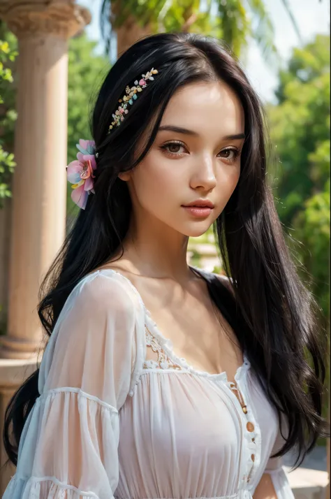 photorealistic, lip gloss, painting, realistic, best quality, ultra high resolution, depth, pastel color, natural shading, focus on face, face only, looking at viewer, long hair, hair accessory, black hair, brown and well detailed eyes, Dress, jenya.d