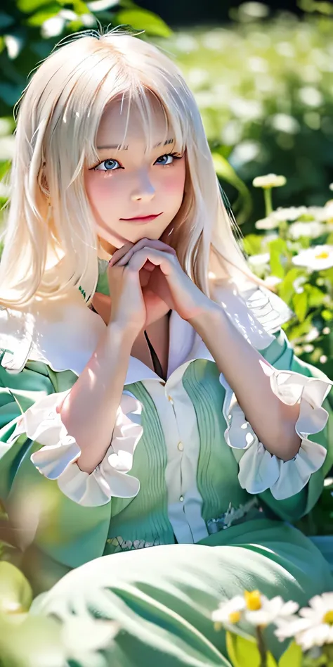 (masterpiece, best quality),1. girl with long white hair sits in a field of green plants and flowers, her hand under her chin, w...