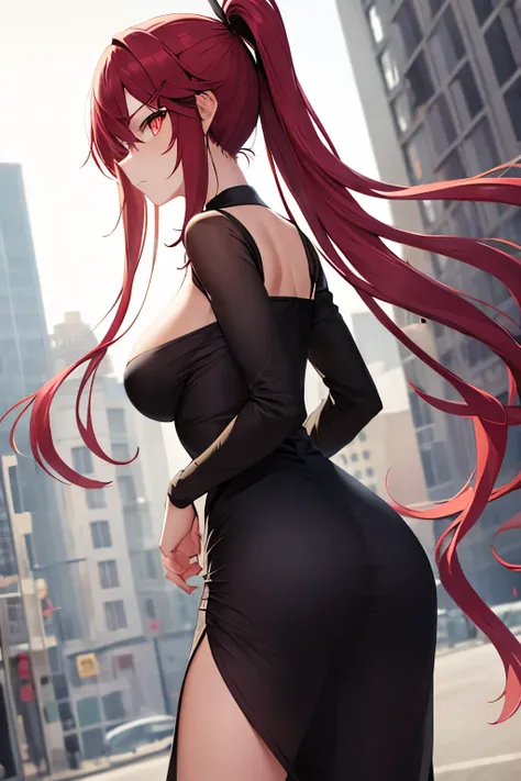 (masterpiece), best quality, BREAK, expressive eyes, (perfect face), 1girl, BREAK,( very long hair, red hair, ponytail), BREAK, (red eyes, agressive eyes, detailed eyes), BREAK, (unpleasant facial expression), BREAK, (very tall height), (skinny build), BRE...