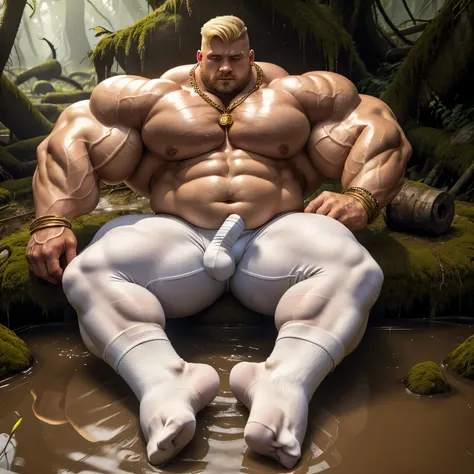 full view full body, 2 different blond European male bodybuilders with undercut cut, extremely bloated and swollen with muscle and fat like two big and fat obese pigs force-fed, their over-inflated muscles resembling buoys, there are a lot of gold rings, b...