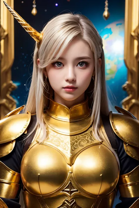 Ultra HD、Ultra-clear、Beautiful Face、Warrior in unicorn armor、Covered entirely in golden armor、Holy knight in golden armor、Golden armor with ornate carvings covering the entire body、Heavy golden armor、crystal clear green eyes、Silver Hair、Big Tits、Outer spac...