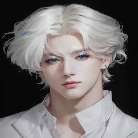 A closeup of a person with white hair and blue eyes, handsome boy in realism art, inspired by Jeon Jungkook, delicate androgynous prince, Tall anime boy with blue eyes, awesome anime face portrait, beautiful androgynous prince, BTS, Jungkook style artwork,...