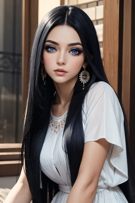 (best quality, masterpiece), 1girl, beautiful girl, Blue_eyes, ((hair color [Black hair], [long Straight] hair)), earrings, lips, short sleeves,realistic, narrow waist, charming, colorful makeup, Smoky eye shadow, Dark Eyeliner. long eyelashes, (cute), (de...