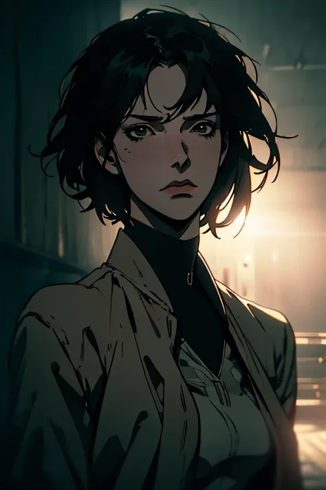 a woman with short black hair, black eyes, wearing black clothes, camouflage, coat, expressionless face, doctor, anime style, hi...