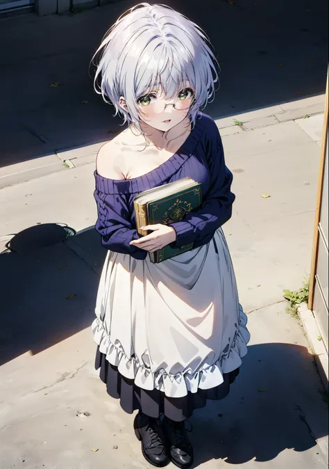 fuukakikuchi, fuuka kikuchi, short hair, bangs, Hair between the eyes, (Green Eyes:1.3),smile,Open your mouth, Glasses,Grey Hair,One-shoulder sweater,Long skirt,Black pantyhose,short boots,Holding a book in both arms,morning,morning陽,whole bodyがイラストに入るように,...