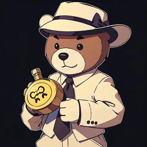 cute teddy bear icon logo 2d flat image lineart logo teddy bear holding a perfume bottle, wearing a hat and tie, suit, grinning,...