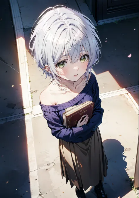 fuukakikuchi, fuuka kikuchi, short hair, bangs, Hair between the eyes, (Green Eyes:1.3),smile,Open your mouth, Glasses,Grey Hair,One-shoulder sweater,Long skirt,Black pantyhose,short boots,Holding a book in both arms,morning,morning陽,whole bodyがイラストに入るように,...