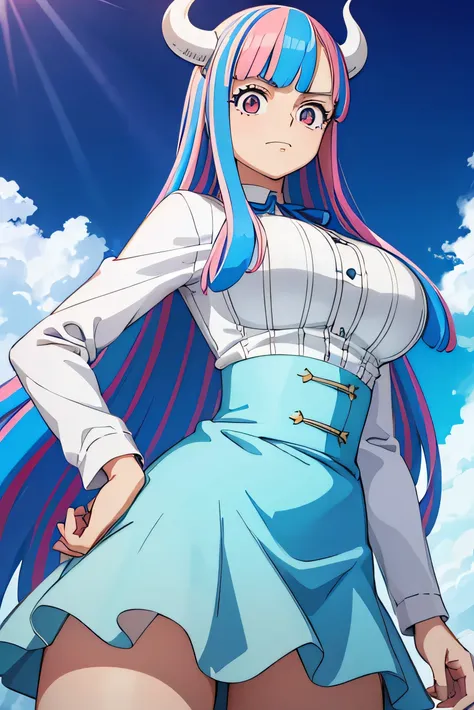 alti op, one piece anime,large breasts, multicolored hair, long hair, blue hair, pink hair, bangs, horn, blue skirt, high waist ...