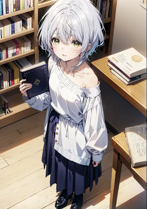 fuukakikuchi, fuuka kikuchi, short hair, bangs, Hair between the eyes, (Green Eyes:1.3),smile,Open your mouth,Grey Hair,One-shoulder sweater,Long skirt,Black pantyhose,short boots,Holding a book in both arms,Bookshelf,There are many books piled up on the t...