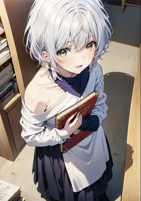 fuukakikuchi, fuuka kikuchi, short hair, bangs, Hair between the eyes, (Green Eyes:1.3),smile,Open your mouth,Grey Hair,One-shoulder sweater,Long skirt,Black pantyhose,short boots,Holding a book in both arms,Bookshelf,There are many books piled up on the t...