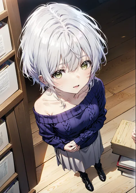 fuukakikuchi, fuuka kikuchi, short hair, bangs, Hair between the eyes, (Green Eyes:1.3),smile,Open your mouth,Grey Hair,One-shoulder sweater,Long skirt,Black pantyhose,short boots,Holding a book in both arms,Bookshelf,There are many books piled up on the t...