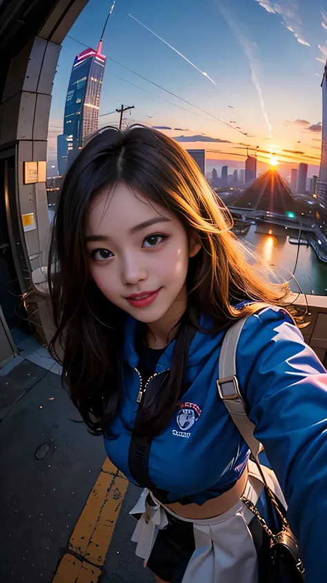 One girl, Korean, Fisheye Lens, Selfie, Wind, Messy Hair, sunset, Cityscape, (Aesthetics and atmosphere:1.2),smile