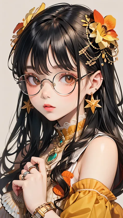 Absurd, High resolution, Super detailed, One person, alone, Very fine grain, Starfish, seashell, shell, flower, Have, hair ornaments, jewelry, straw Have, View your viewers, sunglasses, Have flower, straw, Hair Clip, earrings, red flower, Colored glasses, ...