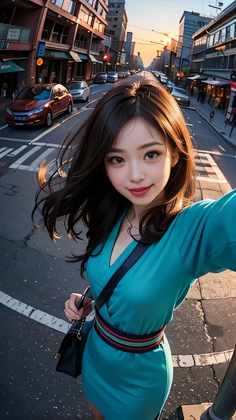 One girl, Korean, Fisheye Lens, Selfie, Wind, Messy Hair, sunset, Cityscape, (Aesthetics and atmosphere:1.2),smile