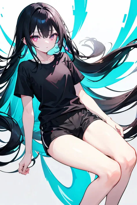 Long black hair、cyan and pink Eyes, all black short sleeve shirt, black shorts, slim legs