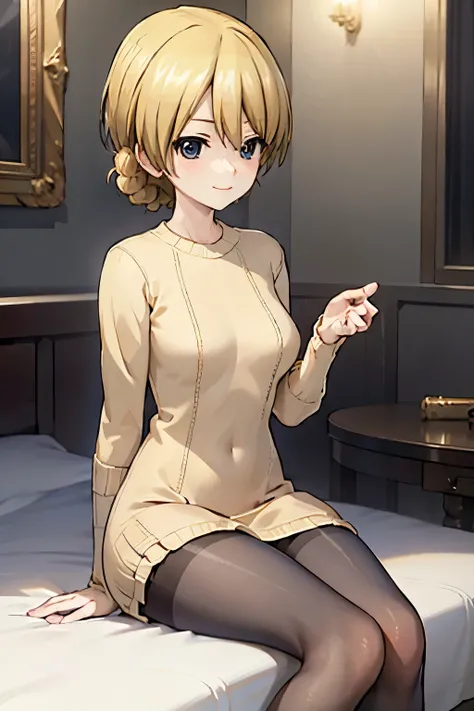 (Highest quality:1.1), (masterpiece:1.4), (Absurd:1.0), 
One Girl, Darjeeling、Golden Hair、Short Hair、Medium chest、Looking at the audience、Bedroom、(blush:1.2)、Embarrassed expression、((pantyhose))、((Knitted dress))、((sit))、