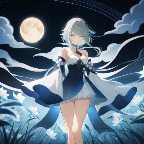 1girl, guizhong_(genshin_impact),light grey hair,short_hair_with_long_locks,starry_sky_print,detached_sleeves, long sleeves_past_fingers,hanfu,illustrated by matsuryuu and agahari and dsmile,pale blue eyes,stunning field of softly glowing blue and white gl...