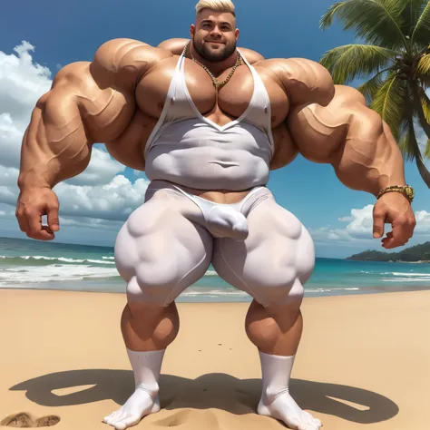 full view full body one white over-muscular young Behemoth man with over-inflated and over-bloated enormous huge shoulders, pecs, biceps, abds and legs, with platinum-blond undercut haircut, in white lycra singlet and white socks, no shoes, dozens of golde...