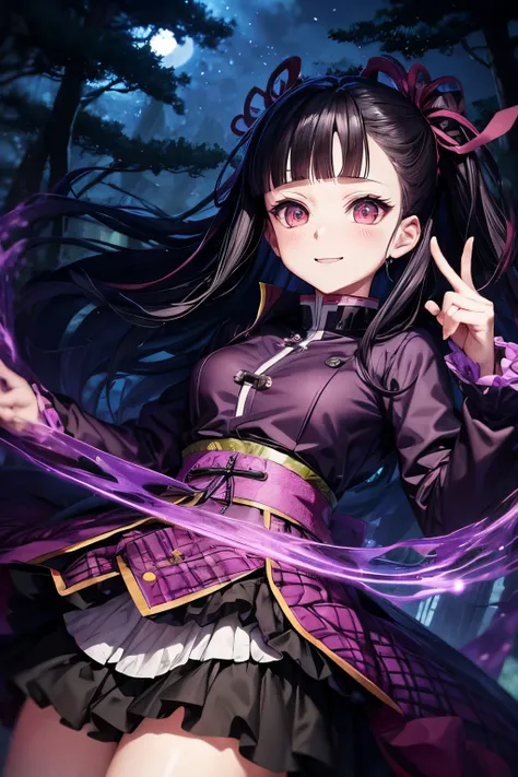 anime styling, Kanao Tsuyuri Kimetsu no Yaiba, happy in a forest landscape at night calm vivid colors.