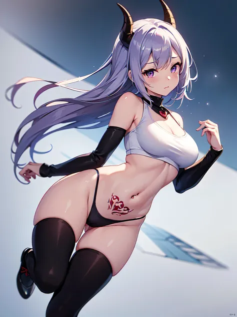 all intricate details, a anime fantasy picture of a girl character, 1girl view, solo, cameltoe, thighhighs, tattoo, long hair, navel, looking at viewer, black-red horns, crop top, a dragon in pubic tattoo, stomach, white-purple hair, long sleeves, short di...