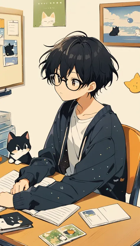 anime boy with black hair and glasses sitting at a desk with a cat, inspired by okumura togyu, inspired by okumura masanobu, in ...