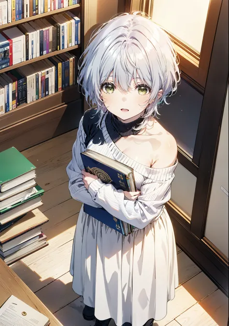 fuukakikuchi, fuuka kikuchi, short hair, bangs, Hair between the eyes, (Green Eyes:1.3),smile,Open your mouth,Grey Hair,One-shoulder sweater,Long skirt,Black pantyhose,short boots,Holding a book in both arms,Bookshelf,There are many books piled up on the t...