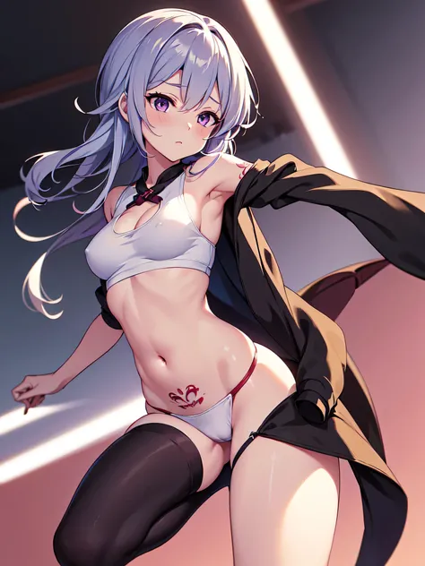 all intricate details, a anime fantasy picture of a girl character, 1girl view, solo, cameltoe, thighhighs, tattoo, long hair, navel, looking at viewer, black-red horns, crop top, a dragon in pubic tattoo, stomach, white-purple hair, long sleeves, short di...