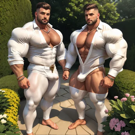 full view, full body, 2 big over-muscular bodybuilded white men with undercut haircuts, wearing regencey era silk clothing and white silk thigh-highs, No shoes, dozens of golden rings, necklaces, bracelets, white Shirts with laces unbuttoned showing over-i...