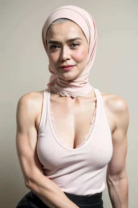 ((Pencil Skirt)), Singlet, (Arm Muscles:1.5), ((Neck Lace)), ((6x-UltraSharp)), Milf Bitch, ((Singlet)), Straddling, ((Naked white)), ((Old Lady :1.6)), Very cute like a Matured Lady, ((Stylo Stylish Hijab)), adorable, 2 girl, 55 years old, baby face, shy,...