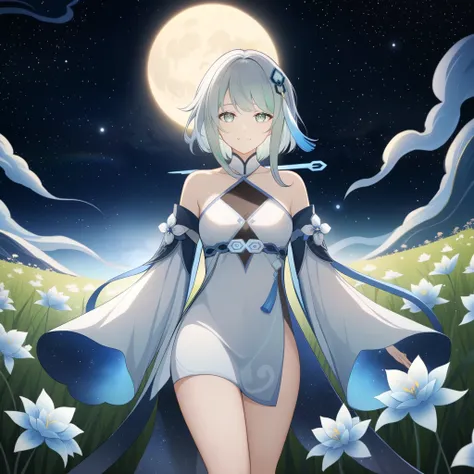 1girl, guizhong_\(genshin_impact\),light grey hair,short_hair_with_long_locks,starry_sky_print,detached_sleeves, long sleeves_pa...